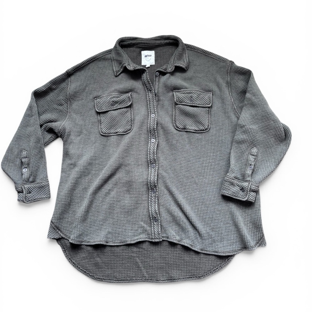 aerie green/gray Oversized Waffle Knit Button-Up Top